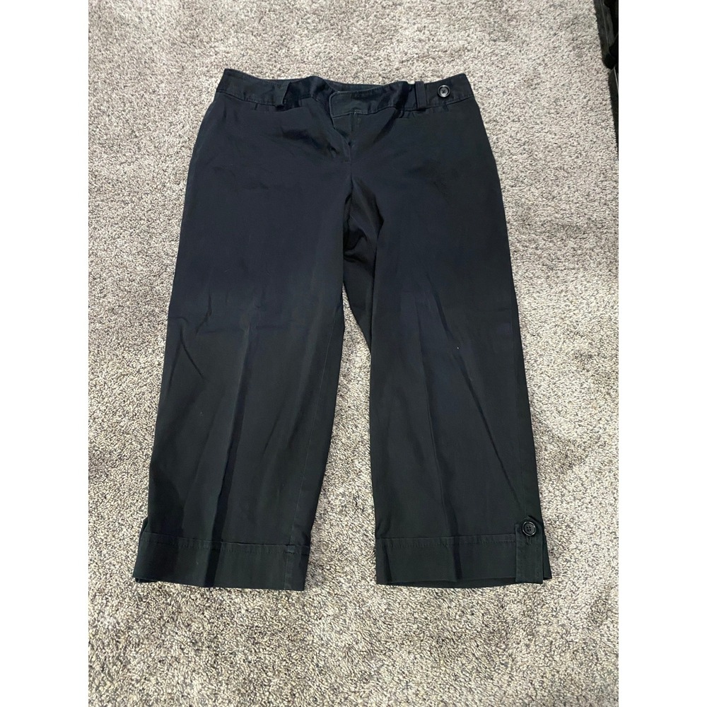 Ann Taylor Lindsay Curvy Cropped Pants Black Wide Leg Cuffed Button Detail 8